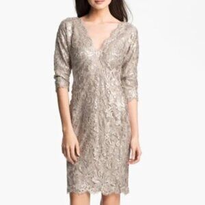 tadashi shoji  NWT // Beige Sand Taupe Sequin V Neck Dress 8